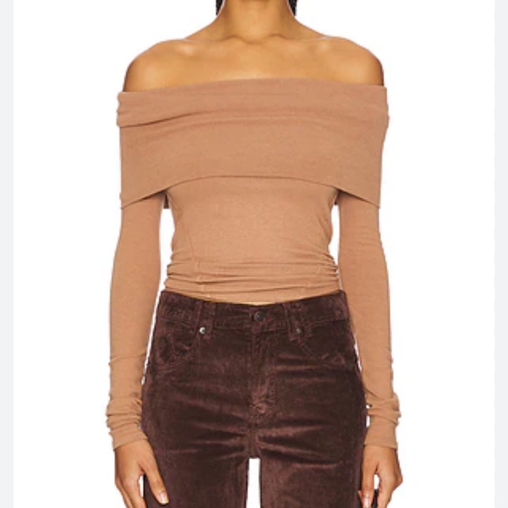 Free People Tan Off-Shoulder Long Sleeve Top